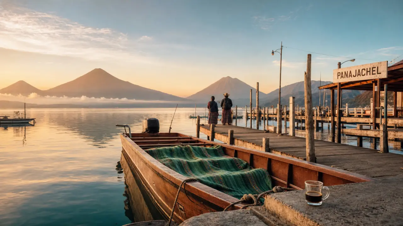 Lake Atitlan : lancha en bois, volcans au lever du soleil