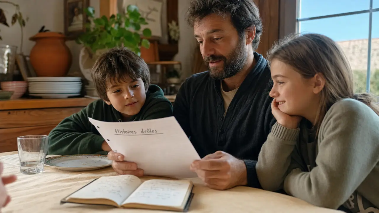 Père et enfants sourient pour raconter histoire drole en famille