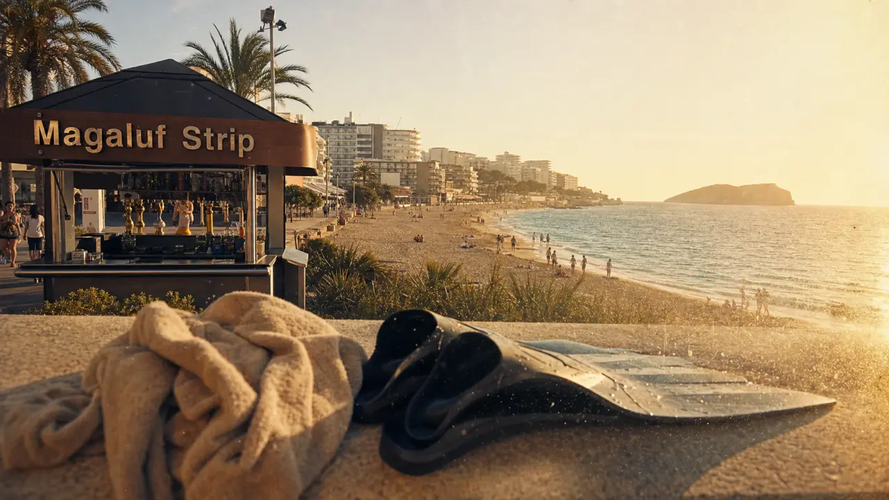 spain magaluf : plage de Magaluf et îlot sa Porrassa, au coucher du soleil