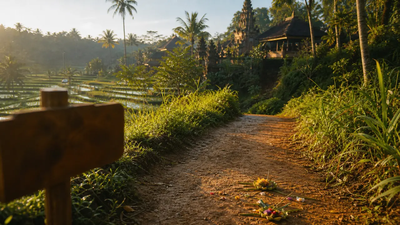 Ubud City Bali : rizières en terrasses et temple balinais au lever du soleil