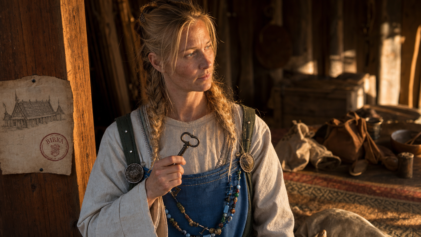 Viking femme guerrière de Birka, clé en main dans une maison longue nordique