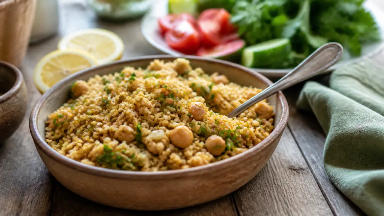 Bol de boulgour feculent avec pois chiches et herbes fraîches