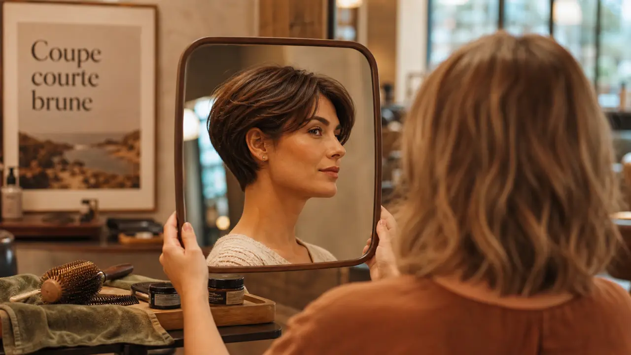 Coupe courte brune : pixie, carré ou frange, nuque dégagée
