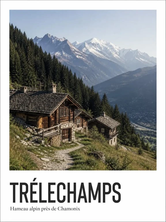 trelechamps vu comme un hameau de montagne près de Chamonix avec chalets traditionnels et massif du Mont-Blanc