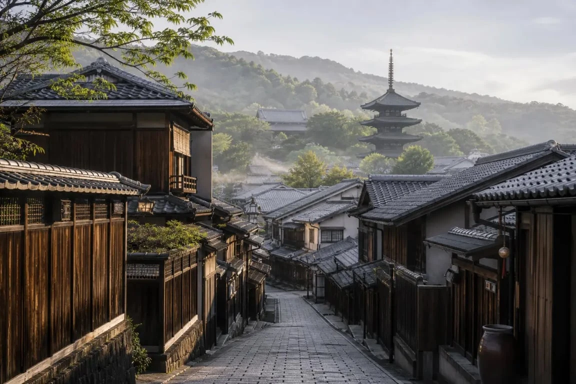 Higashiyama ku Kyoto : ruelles traditionnelles, pagode et temples en bois au pied des collines