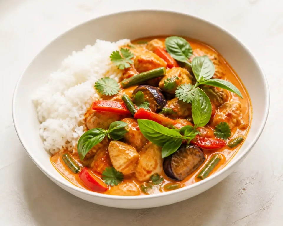 Recette avec pate de curry rouge de poulet au lait de coco servie avec riz jasmin