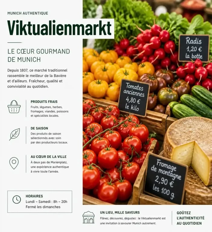 Ambiance gourmande au Viktualienmarkt, lieu incontournable à voir à Munich