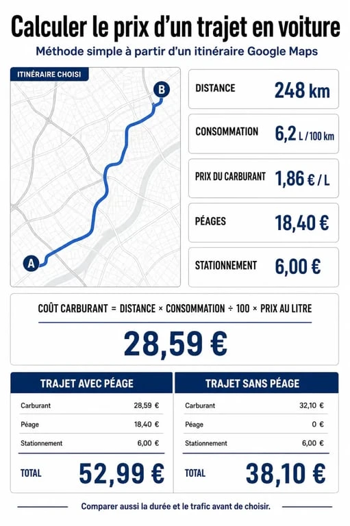 google maps itinéraire voiture prix : infographie du coût d’un trajet avec carburant, péages et stationnement