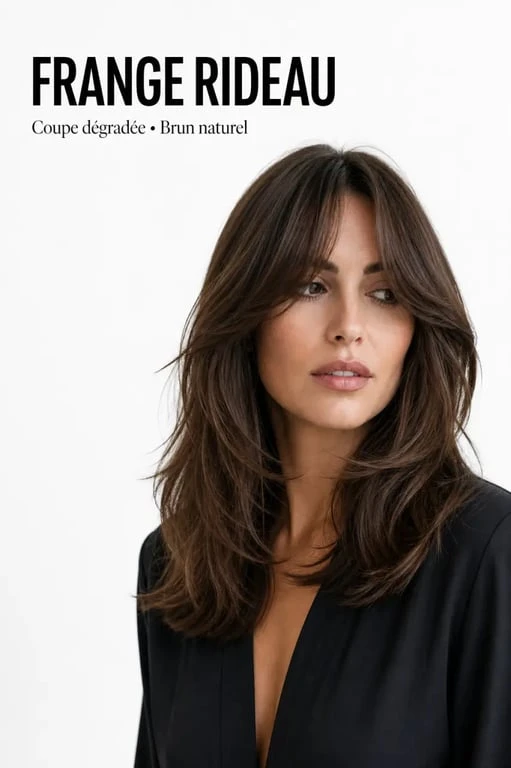 Frange rideau brune sur cheveux bruns avec coupe dégradée et mouvement naturel