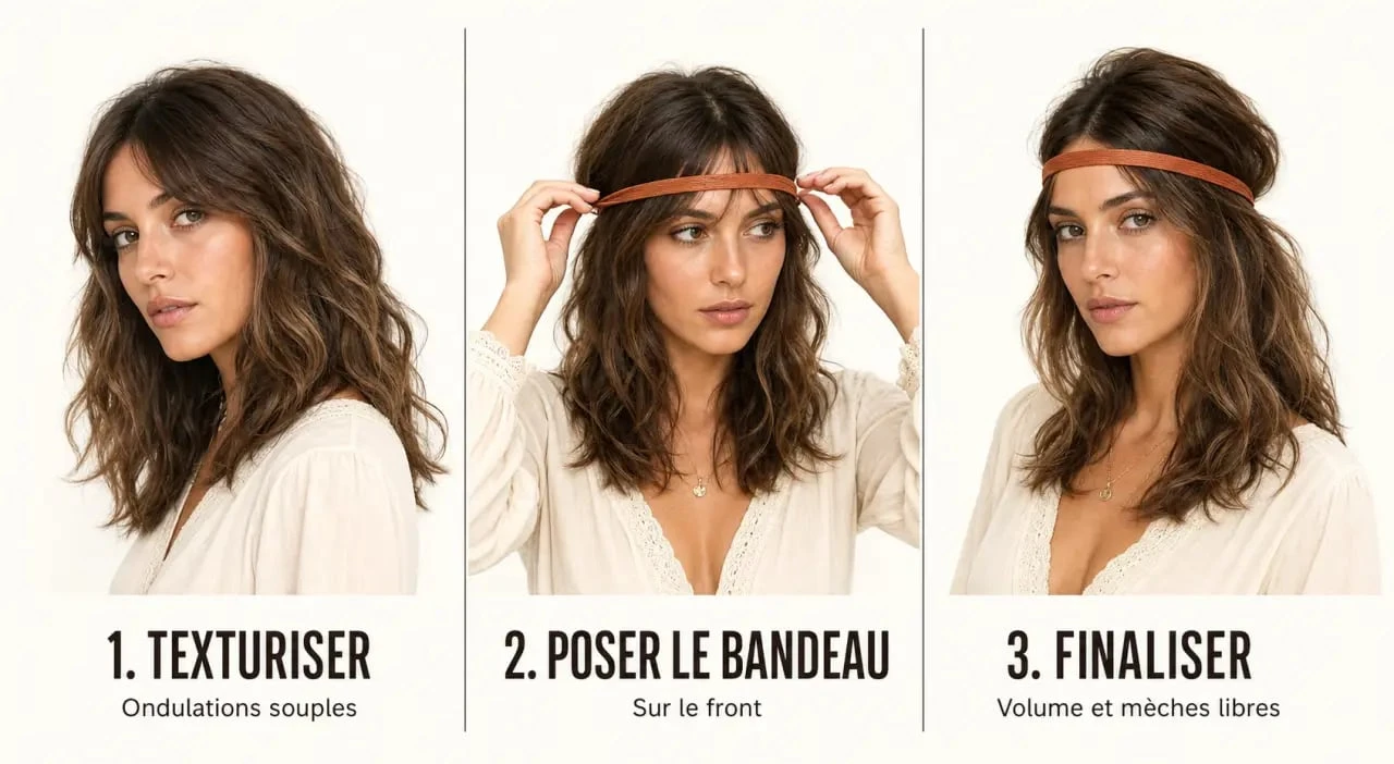 Coiffure année 70 bandeau en trois étapes avec cheveux ondulés et bandeau posé sur le front