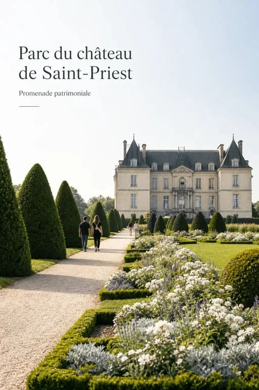 Parc du château de Saint-Priest avec allée bordée d’ifs et château en arrière-plan