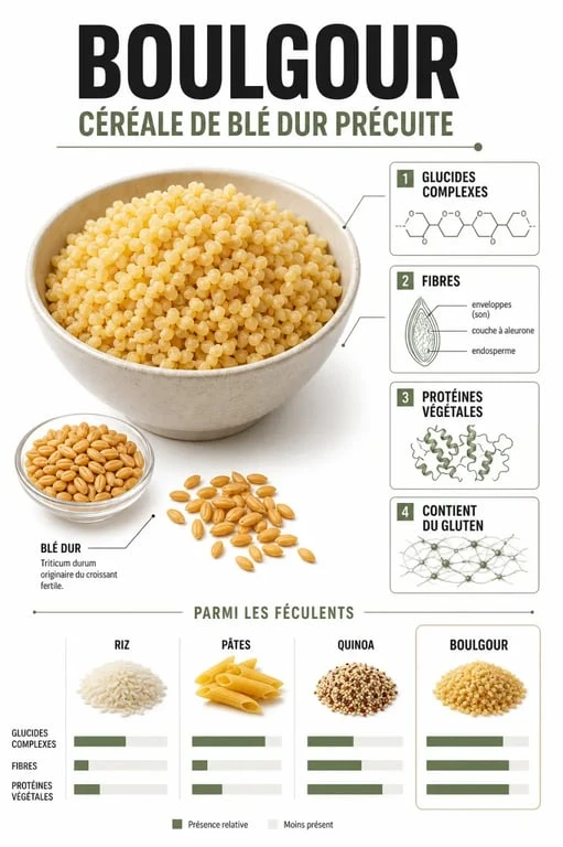 Infographie sur le boulgour feculent : apports nutritionnels, fibres, gluten et comparaison avec riz, pâtes et quinoa