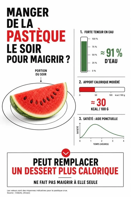 Infographie sur manger de la pasteque le soir pour maigrir avec portion, calories et satiété