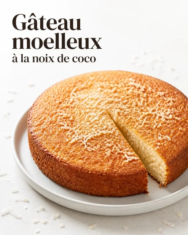Recette gâteau noix de coco facile : gâteau moelleux doré présenté sur une assiette blanche