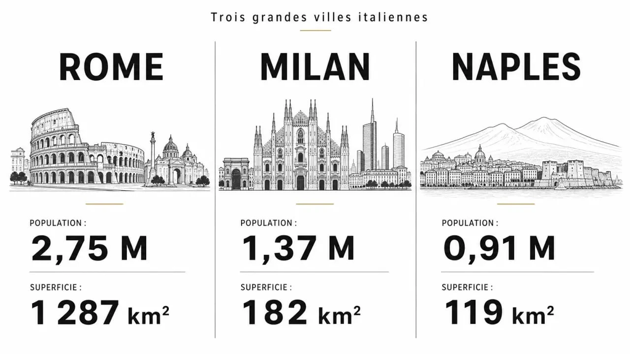 Italie grande ville : comparaison visuelle de Rome, Milan et Naples avec population et superficie