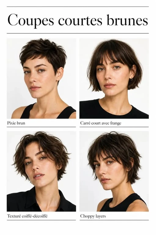 Inspiration coupe courte brune avec plusieurs variantes de coiffures courtes pour cheveux bruns