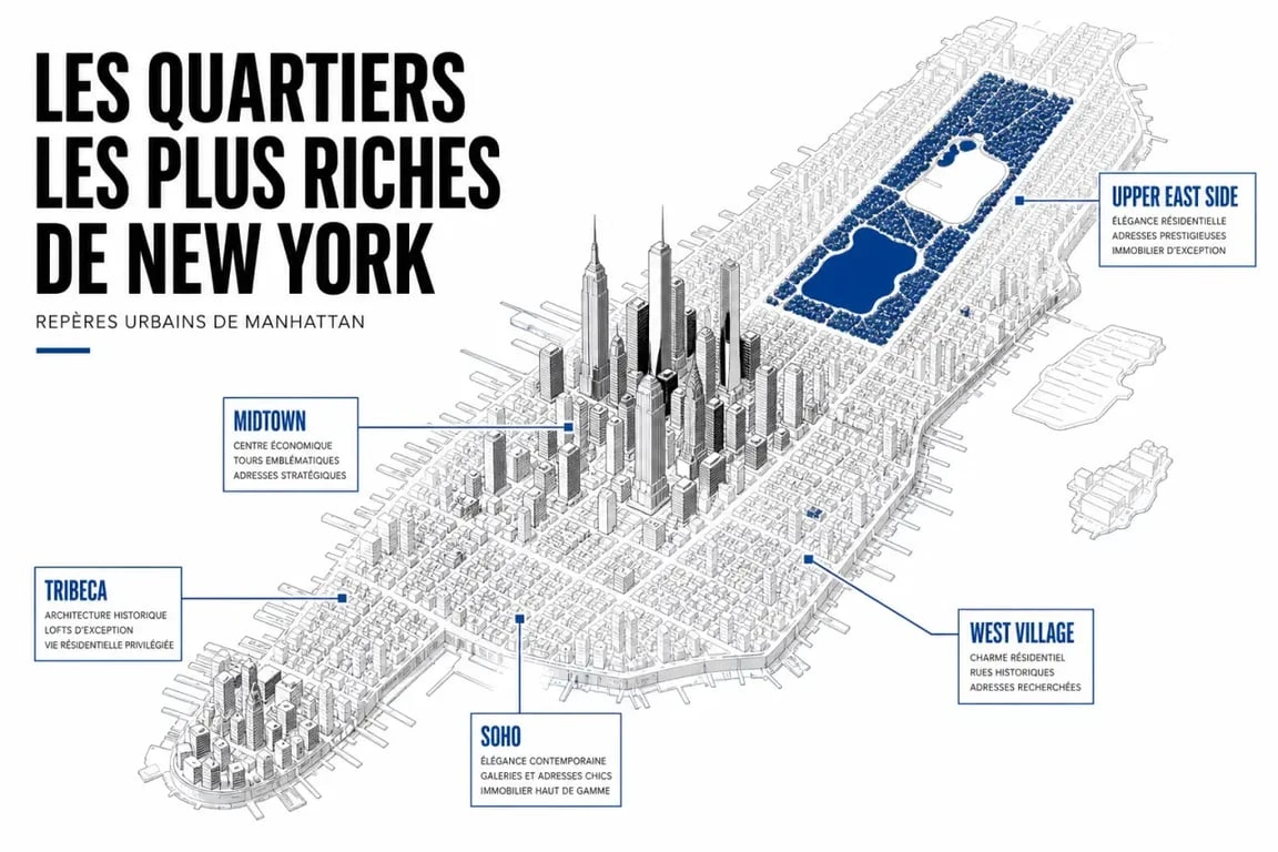 New York quartier riche : carte éditoriale des quartiers les plus aisés de Manhattan