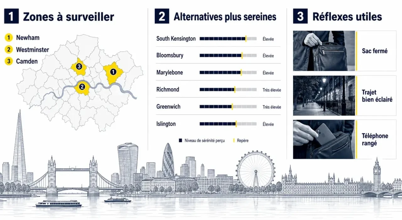 Londres quartiers dangereux : infographie éditoriale des zones à surveiller et des alternatives plus sereines