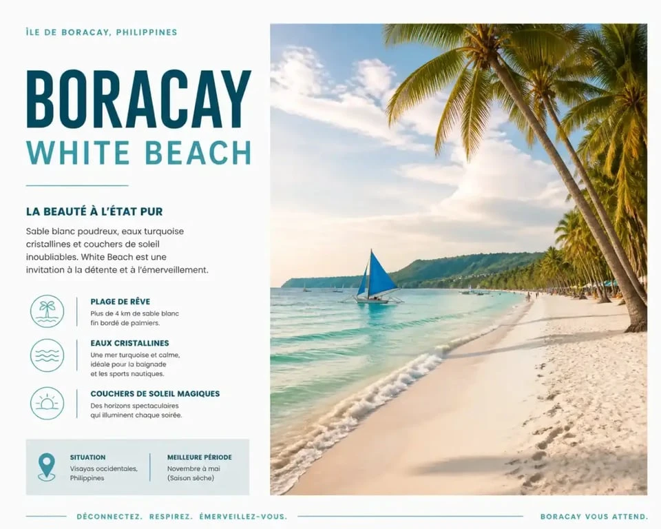 Vue panoramique de White Beach à Boracay, Philippines, avec ses eaux turquoise et son sable blanc emblématique.