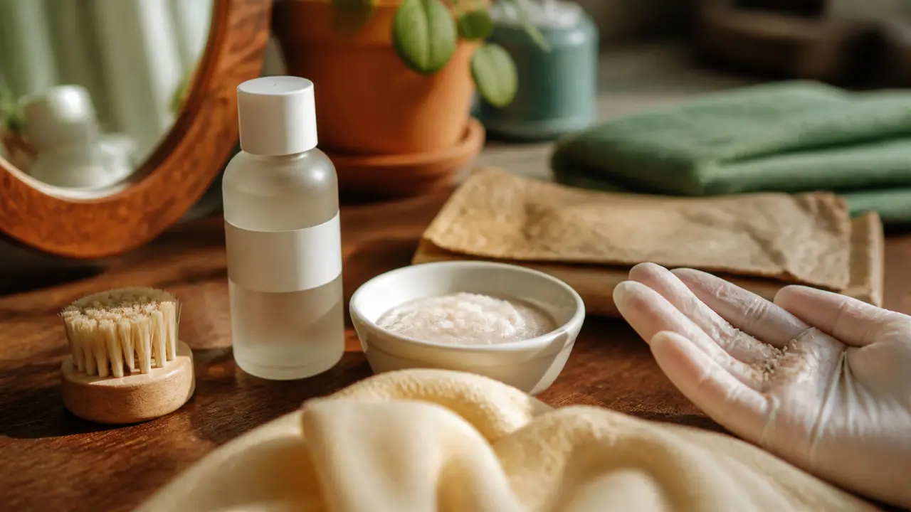 Exfoliant définition : brosse et lotion exfoliante sur table