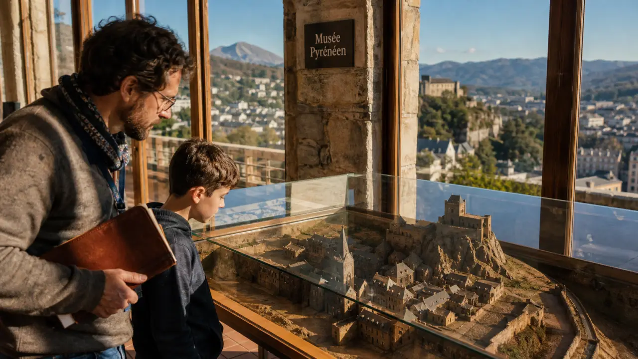 Musée Lourdes au Château fort : guide et enfant devant la maquette