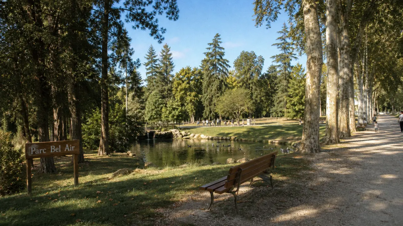 Parc Bel Air Tarbes : allée, arbres et enfants jouant au parc