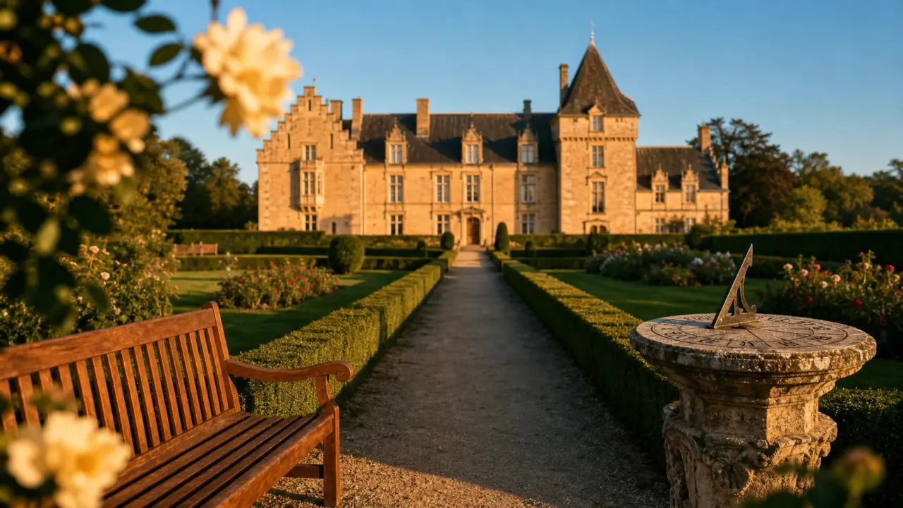Parc du château de saint-priest : allée d’ifs et rosiers au coucher du soleil