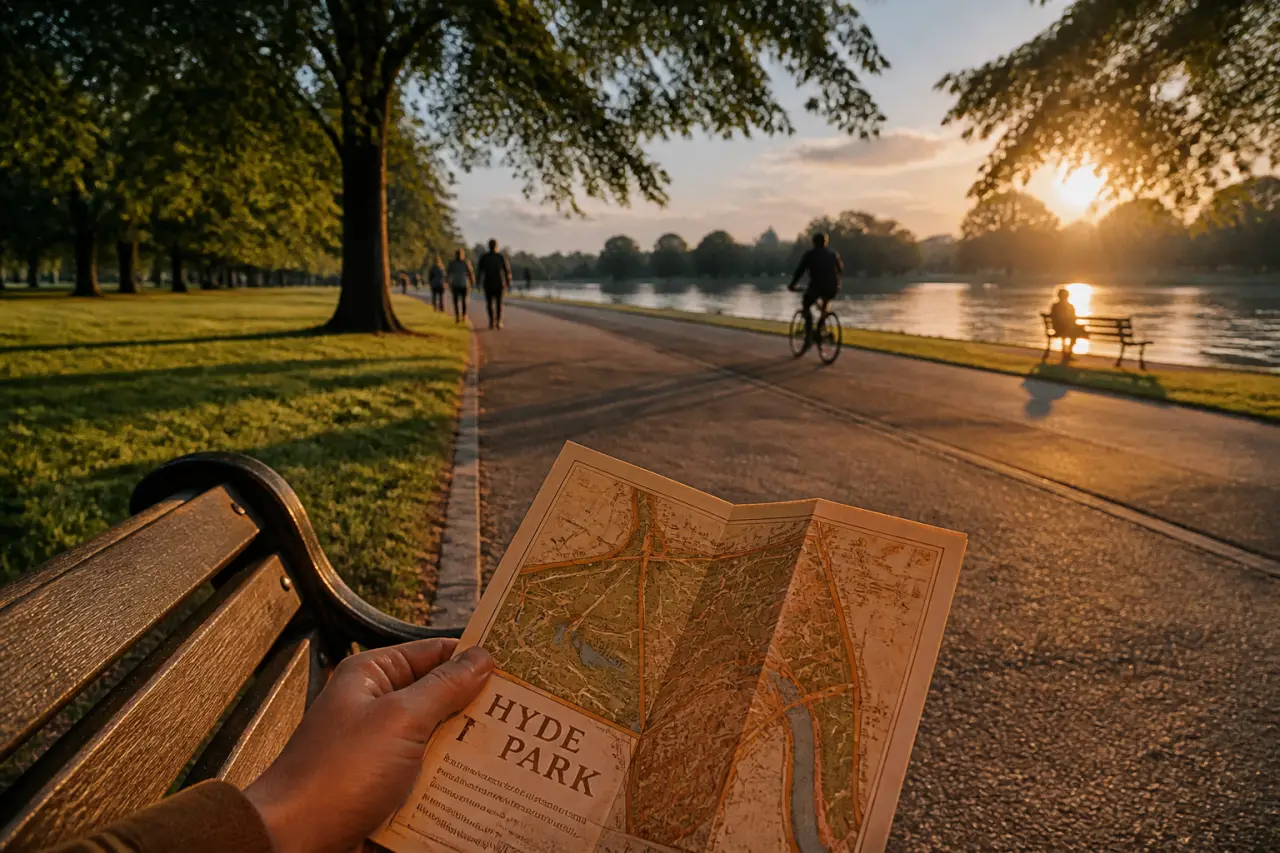 Parcs de Londres : Hyde Park au lever du jour, Serpentine et promeneurs