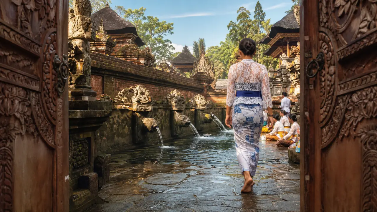 Pura Tirta Empul, bassin de purification pour le melukat avec eau et fidèles
