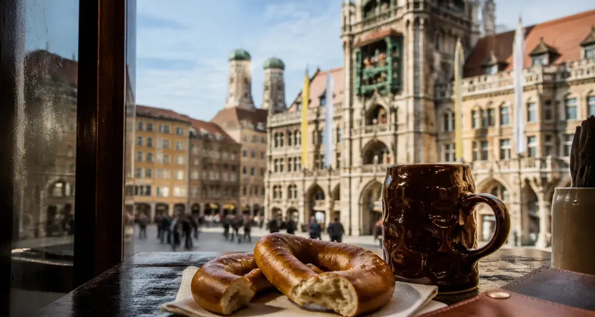 Que voir à Munich : Marienplatz, Neues Rathaus et Frauenkirche avec chope et bretzel