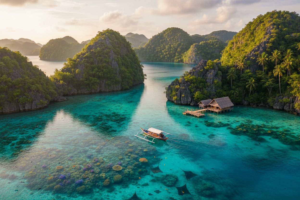 Raie manta glissant au-dessus d'un recif corallien de Raja Ampat