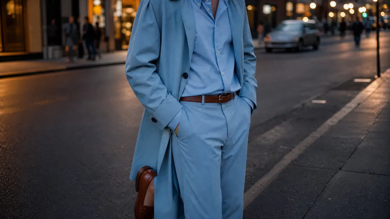 Style monochrome ton sur ton bleu ciel et cuir, trench et mocassins