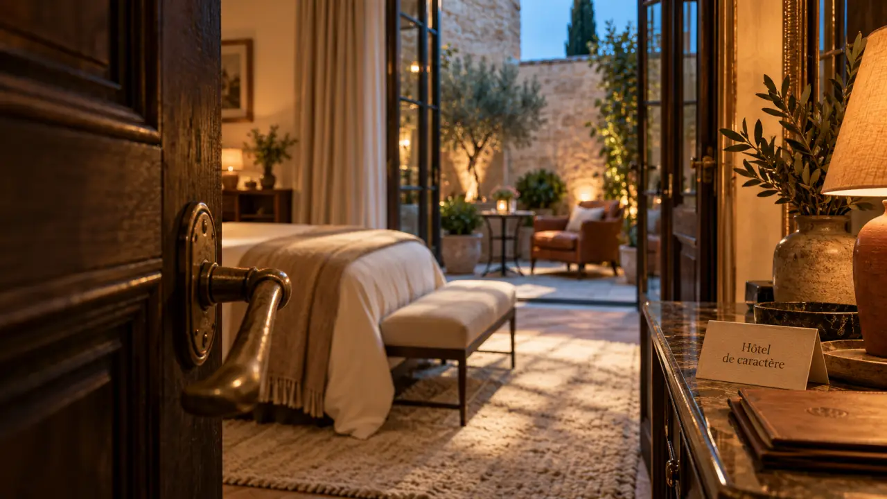 Boutique hotel def : chambre d’hôtel de charme, lumière chaude et cour intérieure