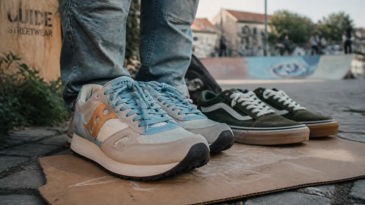 Chaussure streetwear rétro-running et skate sur rue pavée, guide d’usage