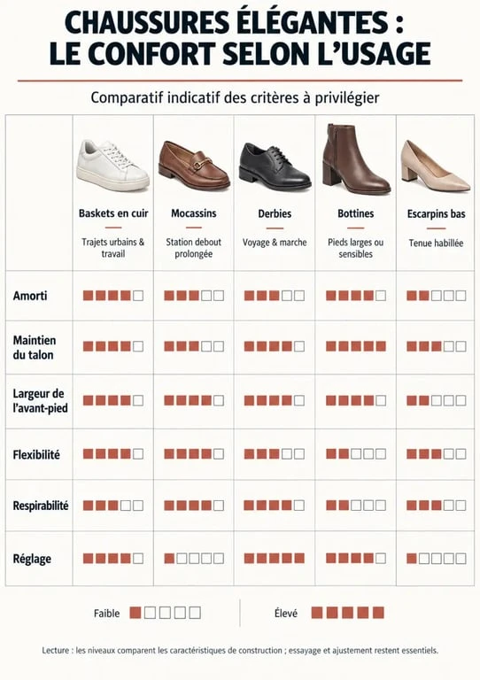 Infographie pour choisir des chaussures femme confortables et élégantes selon l’usage et la morphologie du pied