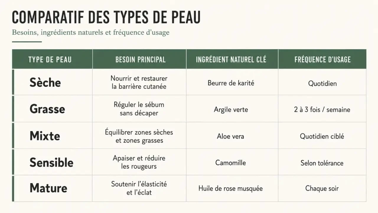Soin pour visage naturel : tableau comparatif des types de peau et des ingrédients adaptés