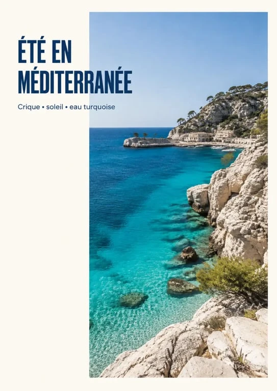 Méditerranée vacances : crique turquoise, falaises claires et petit port au soleil