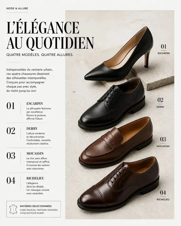 Sélection de chaussures de ville femme : escarpins, derbies, mocassins et richelieus pour un look élégant.