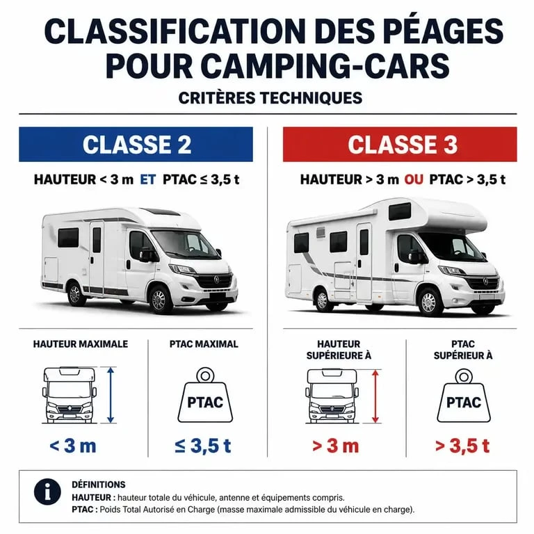 Tableau des classes de péage pour itinéraire Mappy en camping-car