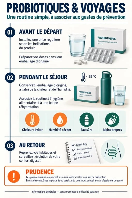 Infographie sur les probiotiques voyages avant, pendant et après le séjour