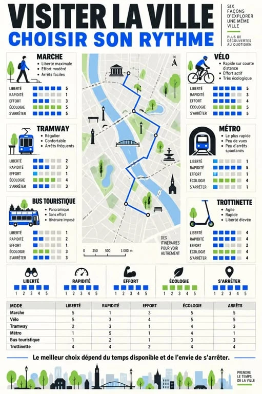 Visiter une ville : infographie des modes de déplacement et de leurs avantages