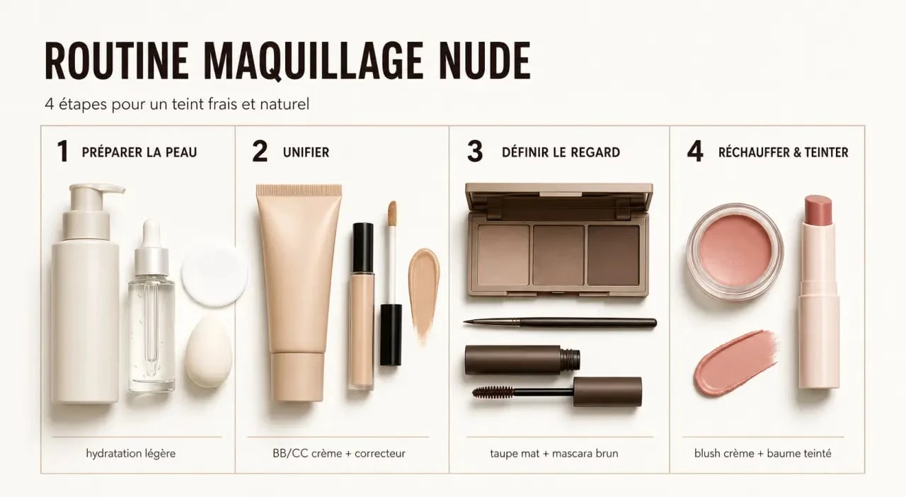 Maquillage nude en séquence visuelle des étapes du teint, des yeux et des lèvres