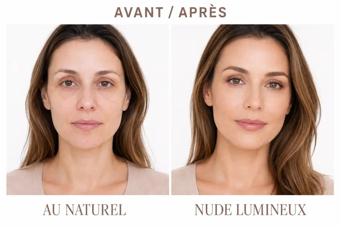 Maquillage nude avant/après en portrait éditorial avec teint unifié et lèvres rosées discrètes