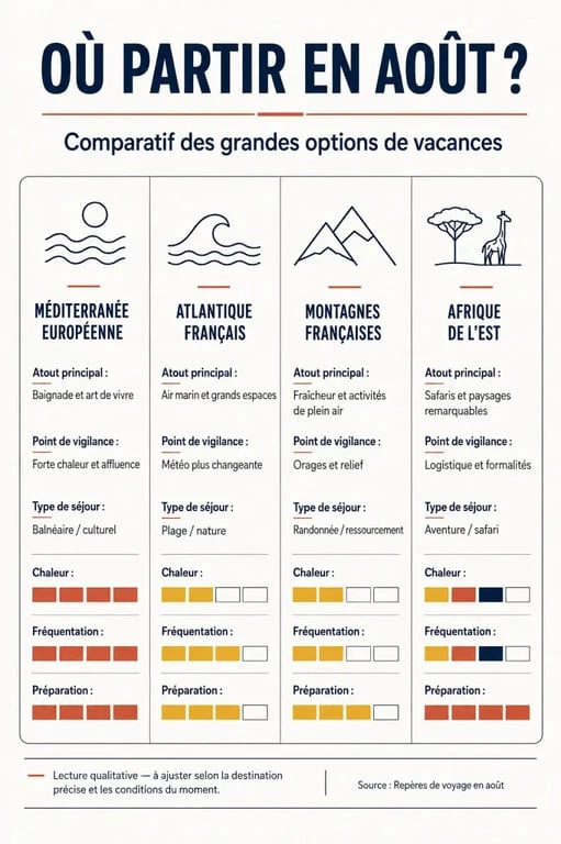 Infographie pour choisir où partir en vacances en août selon le climat, la plage et les activités