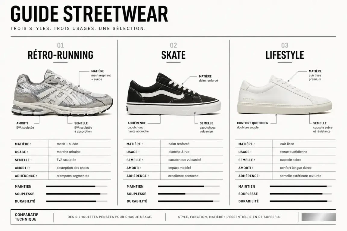 Comparatif chaussure streetwear entre rétro-running, skate et lifestyle