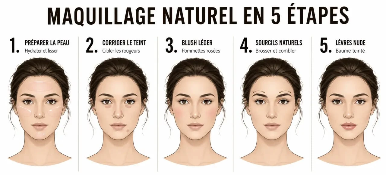 Maquillage simple et naturel : guide visuel des étapes pour le teint, le regard et la bouche