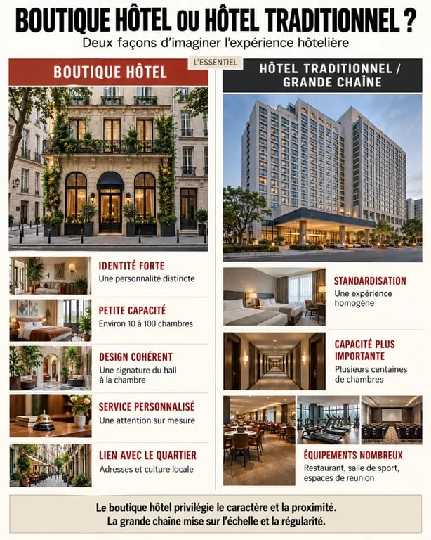 Infographie comparative pour comprendre la définition d’un boutique hotel et ses différences avec un hôtel traditionnel