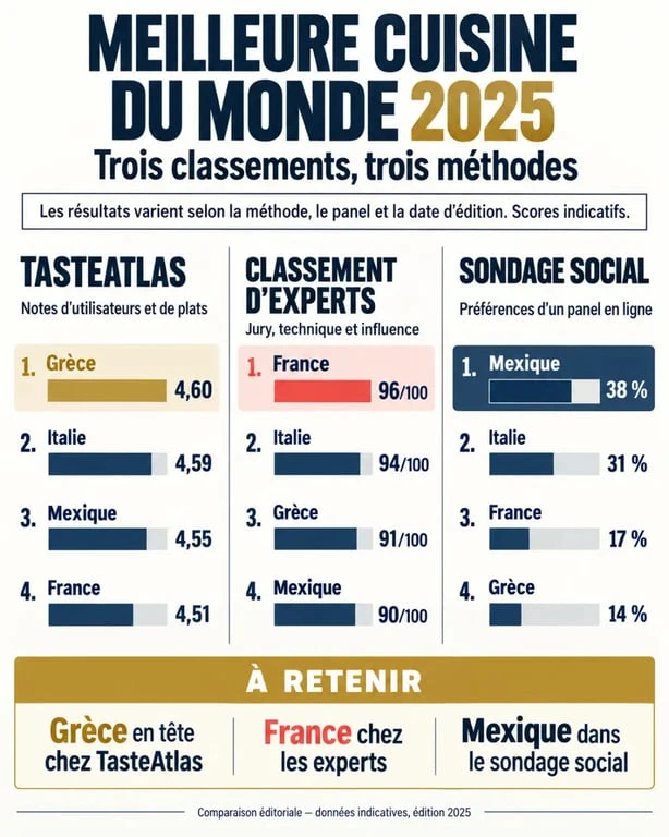 Meilleure cuisine du monde classement 2025 : comparaison des pays et des méthodes de classement