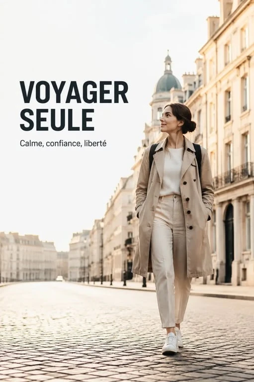 Voyager seule : une femme marche avec un sac à dos dans une rue européenne calme, image rassurante et inspirante