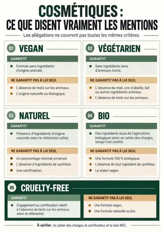 Infographie comparative sur les critères d’un soin visage vegan, végétarien, naturel, bio et cruelty-free